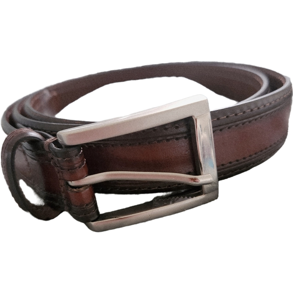 Men's Two-Tone Brown Leather Belt Argentina Silver-Tone Buckle 44"